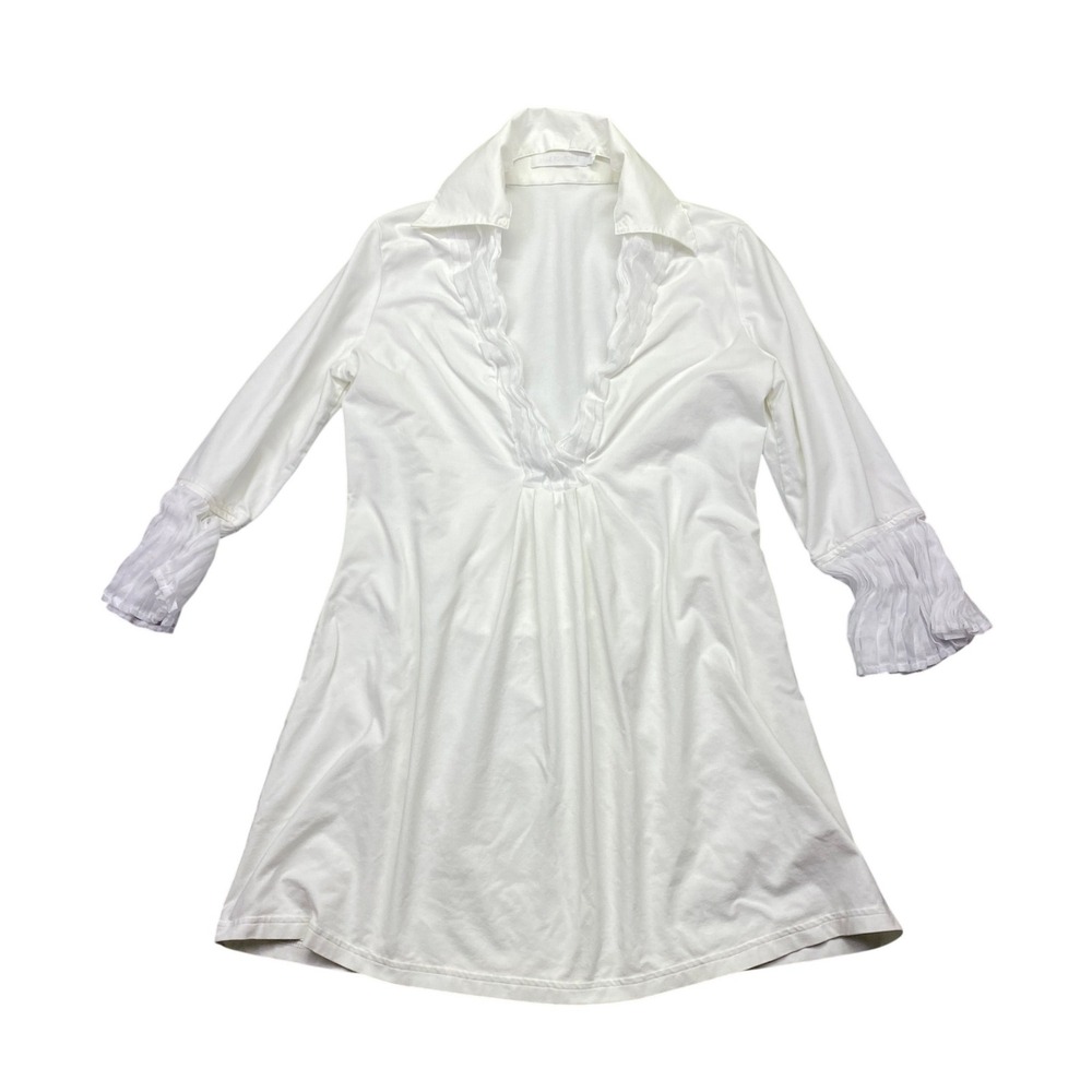 Anne Fontaine Palmier White Ruffle V-Neck Tunic Blouse Pleated Cuffs EU Sz 42